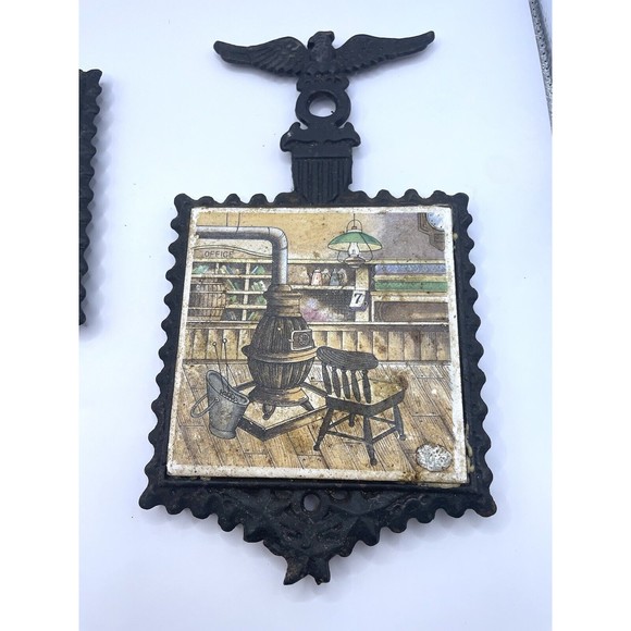 Vintage Eagle Cast Iron Trivets With Hand Painted Tiles Made In Japan - Picture 7 of 9